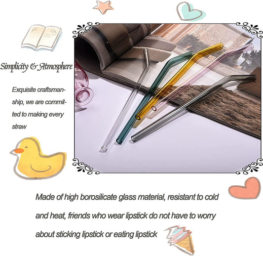6 Reusable Colorful Curved Glass Straws, 8 Inches, Shatterproof and Heat-Resistant, Includes 2 Cleaning Brushes.