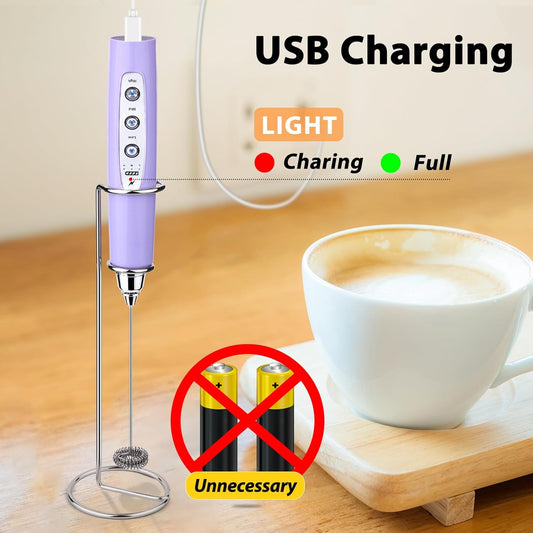 Milk Frother with Stand Rechargeable- Handheld Coffee Frother with 3 Stainless Whisks 3 Speed Adjustable, Electric Whisk Drink Mixer, Foam Maker Blender for Matcha Latte Cappuccino Chocolate