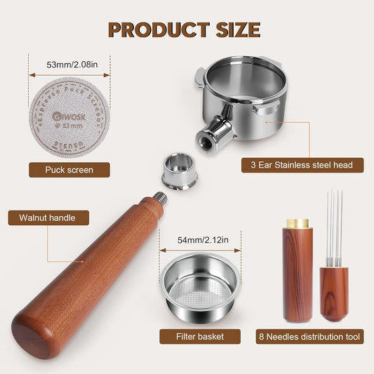 54mm Bottomless Portafilter 3 Ears Espresso Portafilter Compatible with reville BES870/878/880 with Puck Screen Coffee Needle and Walnut Handle