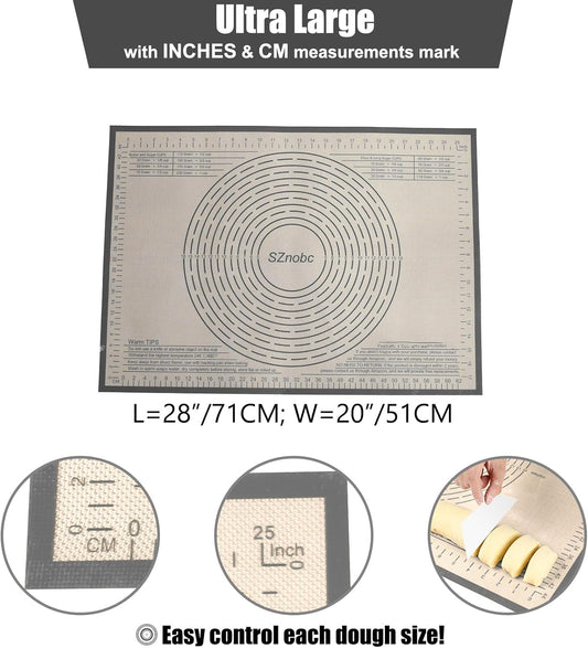 Non-slip Silicone Pastry Mat 28X20 inches Baking Mat with Measurement, Perfect for Dough, Pastry, Pie Crust, Fondant, Cookies, Bread, Pasta, Pizza, Food Grade Kitchen Counter Mats