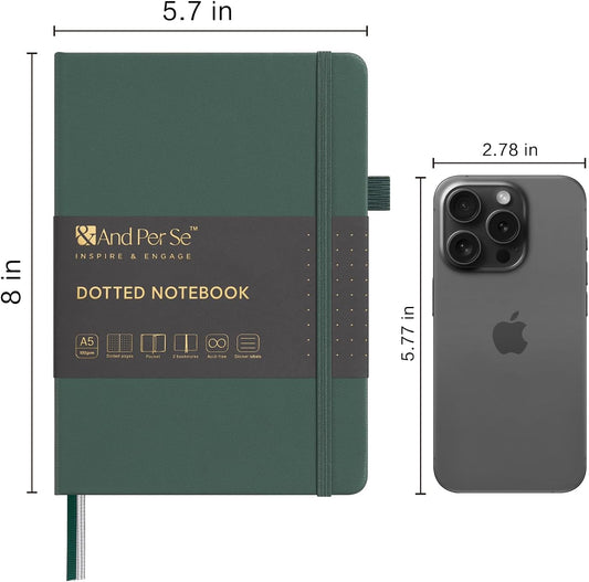 &And Per Se Dotted Journal Notebook, A5 Hardcover Leather Bullet Dotted Journal, 160 Pages 100 gsm Thick Dotted Paper,3 Sheets of Stickers Included - 5.7'' x 8''(Green)