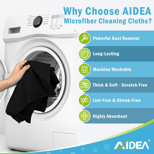 AIDEA Microfiber Cleaning Cloth Black 8PK, Microfiber Towels for Cars, Premium Car Cloths, Dusting Cloth Lint Free Cleaning Rags for SUVs, House, Kitchen, Window, Workshops,11.5ร11.5"