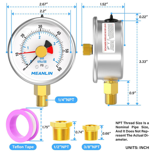 MEANLIN MEASURE 0~60Psi Stainless Steel 1/4" NPT 2.5" FACE DIAL with Reset Pointer Liquid Filled Pressure Gauge WOG Water Oil Air, Lower Mount, with Brass Hex Bushing