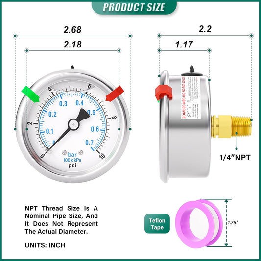 0-10PSI Stainless Steel Liquid Filled Pressure Gauge, 2.5" Dial Size, 1/4" NPT Back Mount, for Tube, Water Pump, Gas, Liquid, Pressure Test (with Range Mark Pointer)