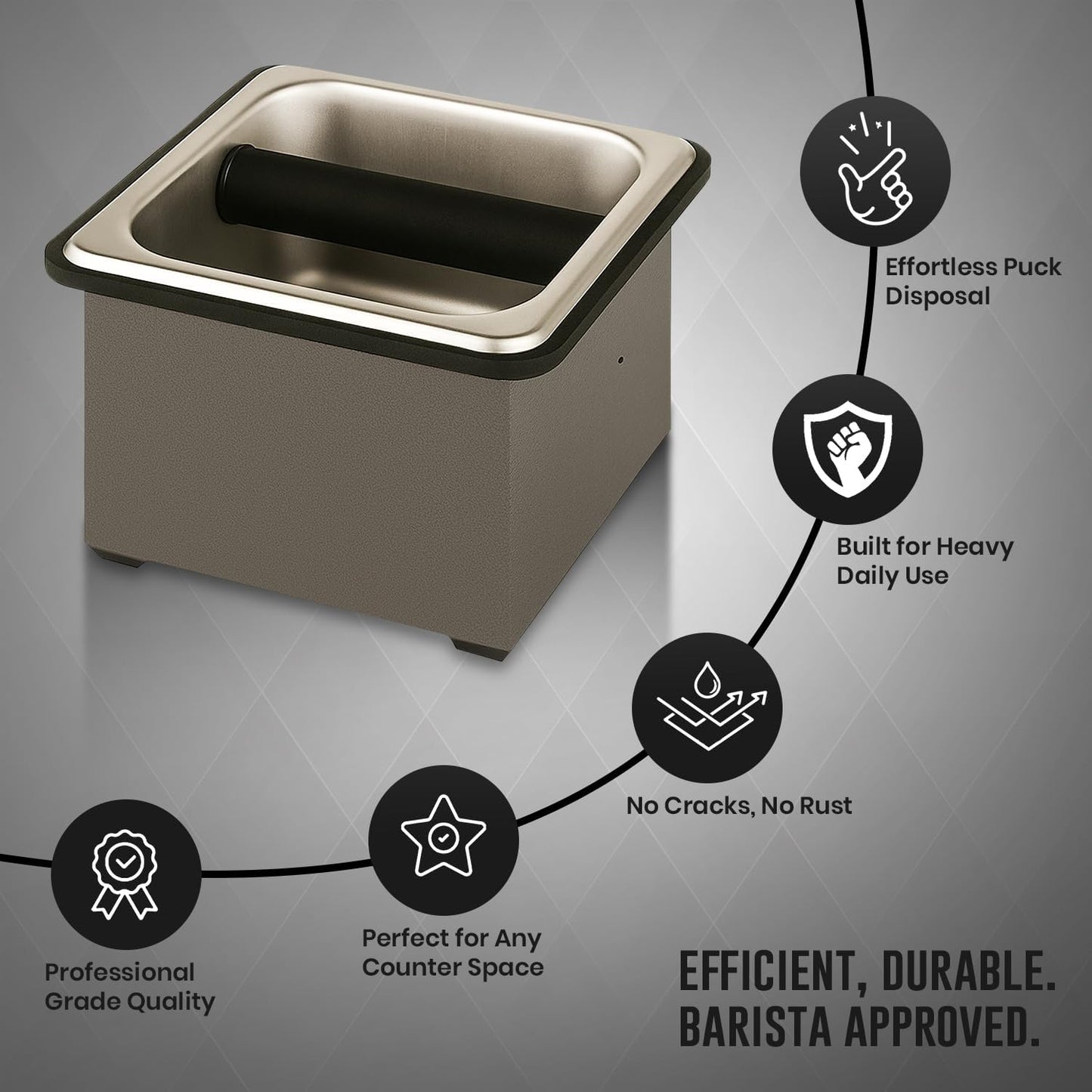 Rattleware Stainless Steel Knock Box โ Heavy-Duty Espresso Puck Disposal Bin with Welded Rubber Bar โ Perfect for Coffee Bar Accessories, Cafรฉ, Restaurant, or Home Use (6" x 5.5" x 4")
