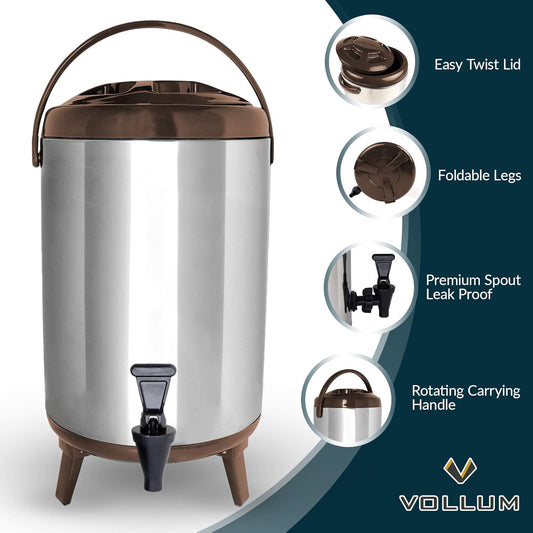 Stainless Steel Insulated Beverage Dispenser โ Insulated Thermal Hot and Cold Coffee Carafe โ 10 Liter Drink Dispenser with Spigot for Hot Water, Tea & Coffee, Cold Milk, Juice & More BROWN