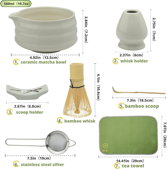 Matcha whisk Set,7 Pcs Matcha Making Kit with whisk Whisk, Ceramic Bowl, Sifter, Scoop, Holder, Stand, and Tea Towel for Ultimate Matcha Experience(White)