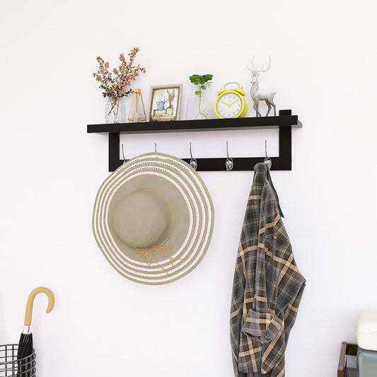 SMIBUY Coat Hooks with Shelf Wall-Mounted, 29.2 Inch Entryway Coat Rack for Wall, Bamboo Hanging Shelf with 5 Double Metal Hooks for Bathroom, Bedroom, Kitchen, Living Room, Mudroom (Black+Silver)