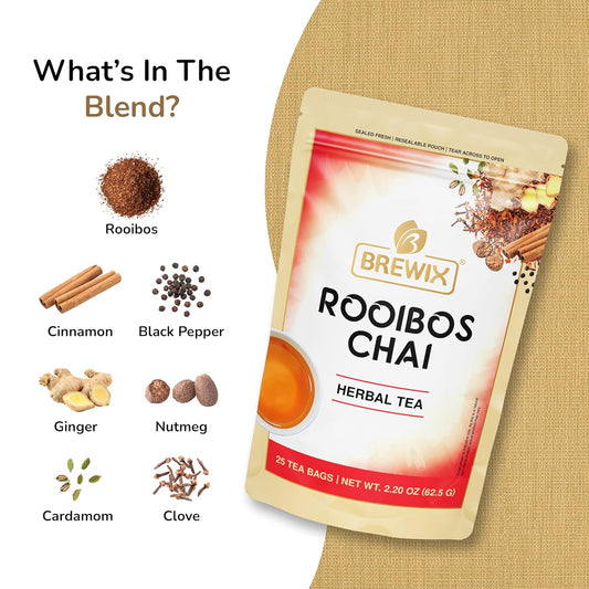 BREWIX, Rooibos Chai Tea Bags (25 Pyramid Tea Bags) Caffeine-Free, Herbal Tea, South African Red Tea | Rooibos, Cardamom, Cinnamon, Black Pepper, Nutmeg, Ginger & Clove