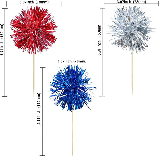Ephlyn 30Pcs Foil Firework Cupcake Toppers Sparkle Tinsel Cupcake Picks Happy Birthday Cake Toppers Drink Cocktail Food Fruit Toothpicks for Baby Shower Birthday Party Supplies Red Silver Dark Blue