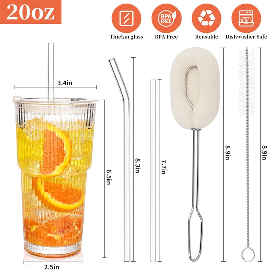 20 oz Tumblers with Lids and Straws, Ribbed Glass Set of 4-Clear Ice Coffee Cups Ideal for Smoothies, Juice, Boba & Cold Beverages, Durable reusable Glassware,Drinking Glasses with 1 Brush
