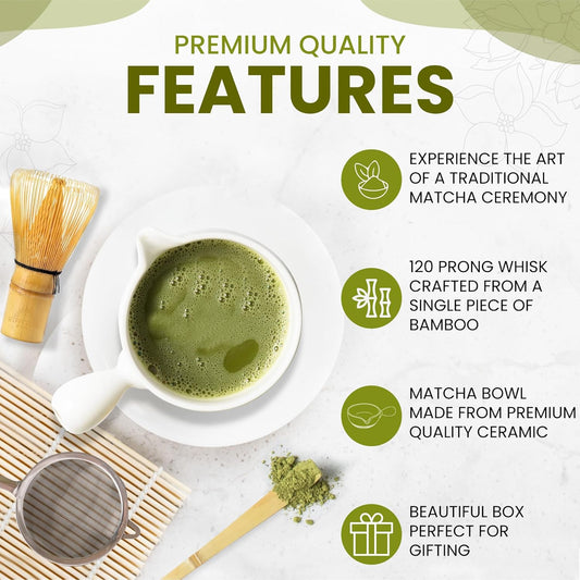 HAPPY PATH & CO Matcha Tea Set – 6 Pcs Matcha Kit Set Includes Bamboo Whisk(Chasen) & Bowl with Spout, Sifter, Scoop & Holder | White Matcha Whisk Set - Perfect Matcha Tool Set for Matcha Lovers