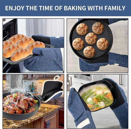 Oven Mitts and PotHolders Sets, 4 Pcs Kitchen Oven Glove High Heat Resistant 400°F Pot Holders for Kitchen, Non-Slip Neoprene Oven Mitts are Suitable for Cooking, Baking (Blue)