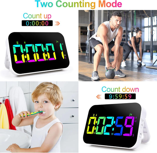 Kitchen Timer for Cooking, 10 RGB Color Rechargeable Digital Magnetic KidsTimer with Voice Reminder, Countdown/Up, 5”LED Display 3 Brightness 4 Volume Adjustable for Kids Classroom Home Gym-RGB