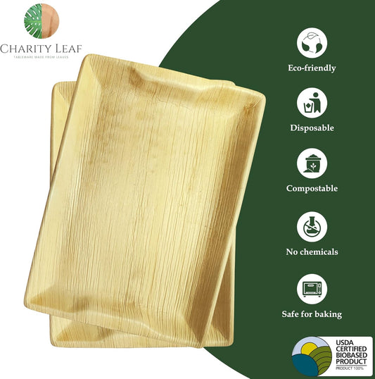 Charity Leaf Disposable Palm Leaf 14" x 10" Trays (100 Pieces) Bamboo Like Serving Platters, Disposable Boards, Eco-Friendly Dinnerware for Weddings, Catering, Events
