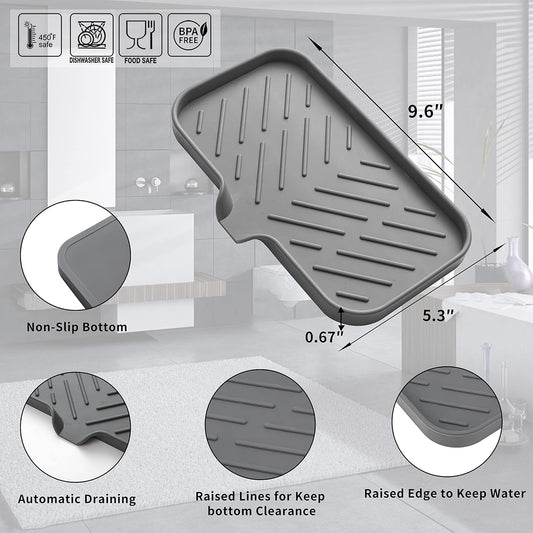 Silicone Bathroom Soap Dishes with Drain Spout-Bathroom and Kitchen Sink Organizer,Sponge Holder,Dish Soap Tray,Perfect for Dispenser,Scrubber,Bottle,Cup on Sink or Counter-Grey 9.6"×5.3"