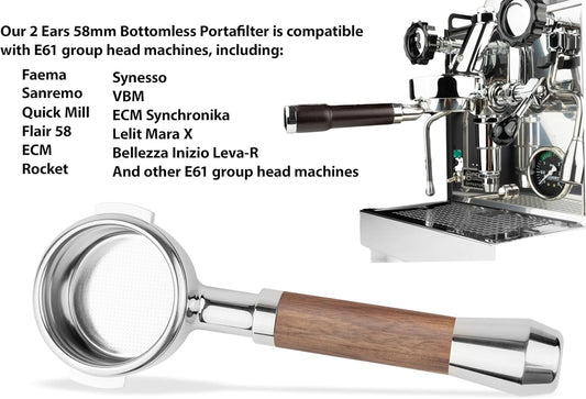 LILQ 58mm Bottomless Naked 2 Ears Portafilter Compatible with E61 Grouphead Machines– Includes 18–20g Basket(Rosewood Flat, 58mm For E61)