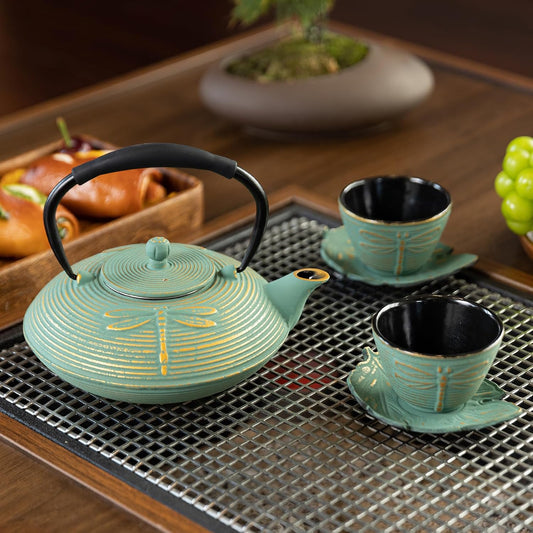 Cast Iron Teapot Set with 2 Tea Cups, 7 Pcs Japanese Tea Kettle with Stainless Steel Infuser, Tea Pot Coated with Enameled Interior, Dragonfly Pattern, 28oz 800ml Green