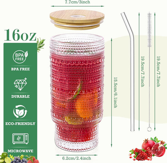 16 Oz Glass Cups with Lids and Straws, Vintage Embossed Glassware for Whiskey Cocktail Beer, Iced Coffee Cup with Lid, Glass Tumbler (4 PACK)