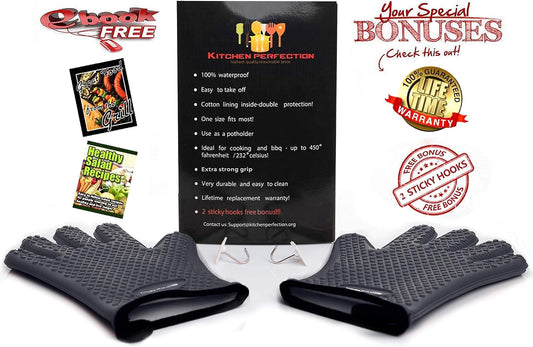 KITCHEN PERFECTION S Silicone Smoker Oven Gloves -Extreme Heat Resistant BBQ Gloves -Handle Hot Food Right on Your Grill Fryer Pit|Waterproof Oven Mitts |Superior Value Set+3 Bonuses