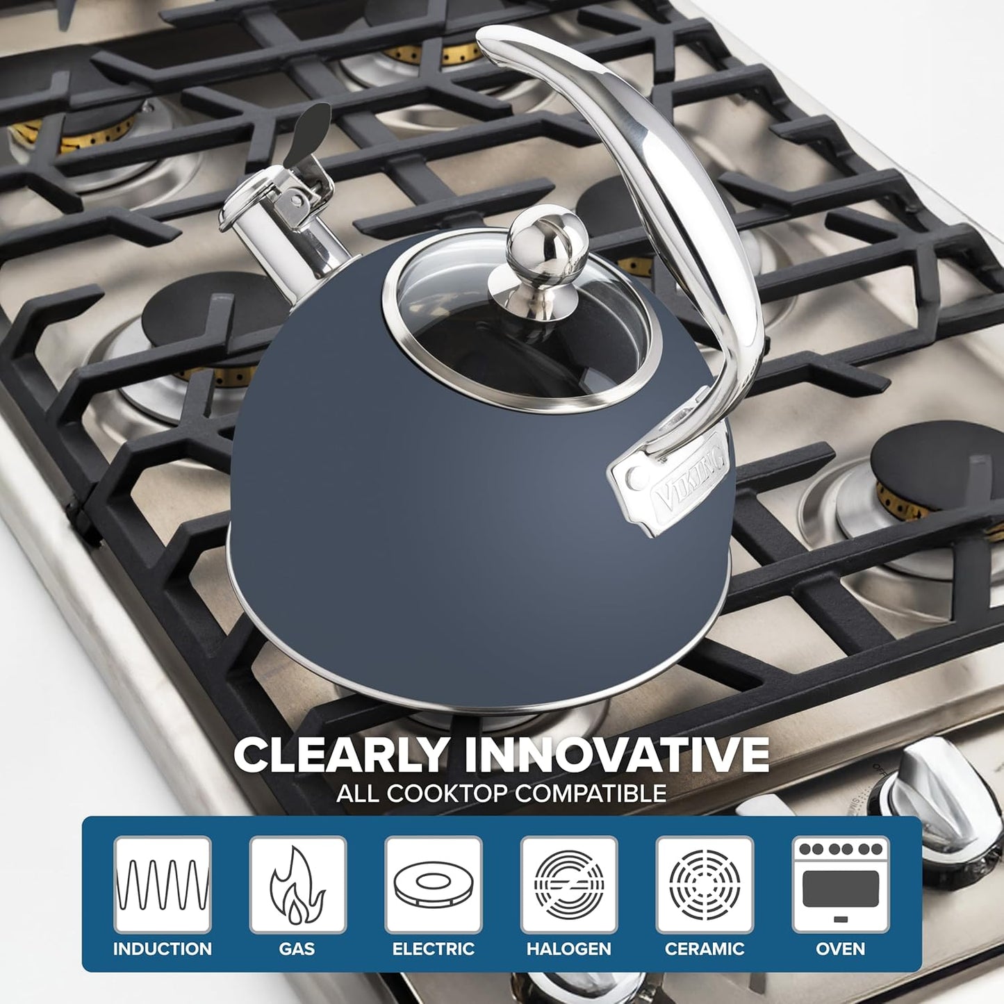 Viking 3-Ply Stainless Steel Tea Kettle, 2.6 Quart Stovetop Hot Water Pot with Tempered Glass Lid, Ergonomic Handle, Induction Ready, Slate and Blue