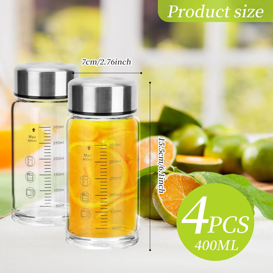 souG 4 Pack 14oz Juice Bottles,Wide Mouth Glass Water Bottles with Lids - for Juicing, Smoothies, Milk, Protein, BPA Free, Reusable, Stainless Steel Lids, Leak Proof, Shaker bottle (14oz/400ml)