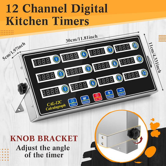 2 Pack 12-Channel Digital Kitchen Timer, Commercial Cooking Timer with Loud Alarm, Large LCD Display, for Restaurants, Baking, Labs, Multiple Independent Countdown Timers