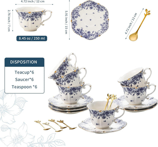 TATSUMI Country Roses Bone China Tea Cup and Saucer Set, 6 Pieces, Vintage Style, For Women and Tea Parties(sky blue,6 sets)