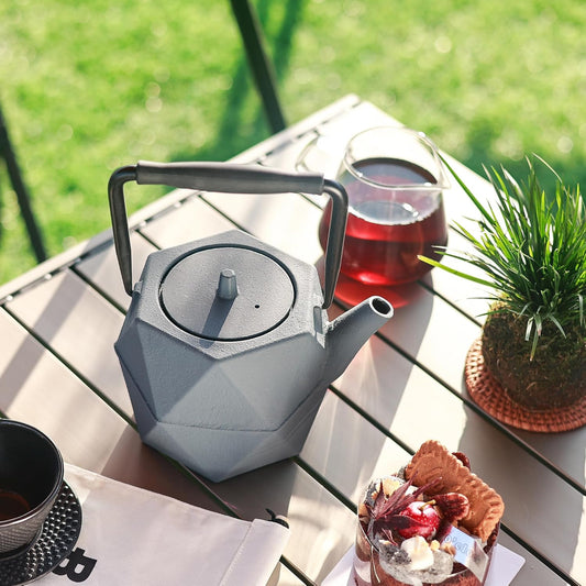 Cast Iron Teapot, 35oz Tea Kettle Stovetop Safe with Infuser for Tea Coffee, Japanese Minimalist Diamond Pattern Tea Pot with Enameled Interior, 1000ml Grey