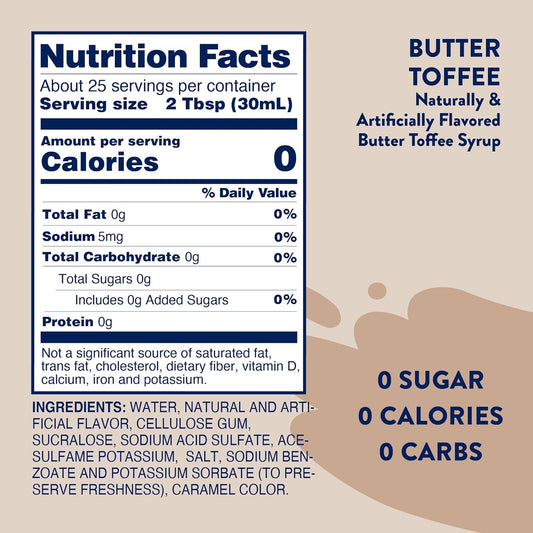 Jordan's Skinny Syrups Sugar Free Coffee Syrup, Butter Toffee Flavor Drink Mix, Zero Calorie Flavoring for Lattes, Protein Shake, Food & More, Gluten Free, Keto Friendly, 25.4 Fl Oz, 1 Pack