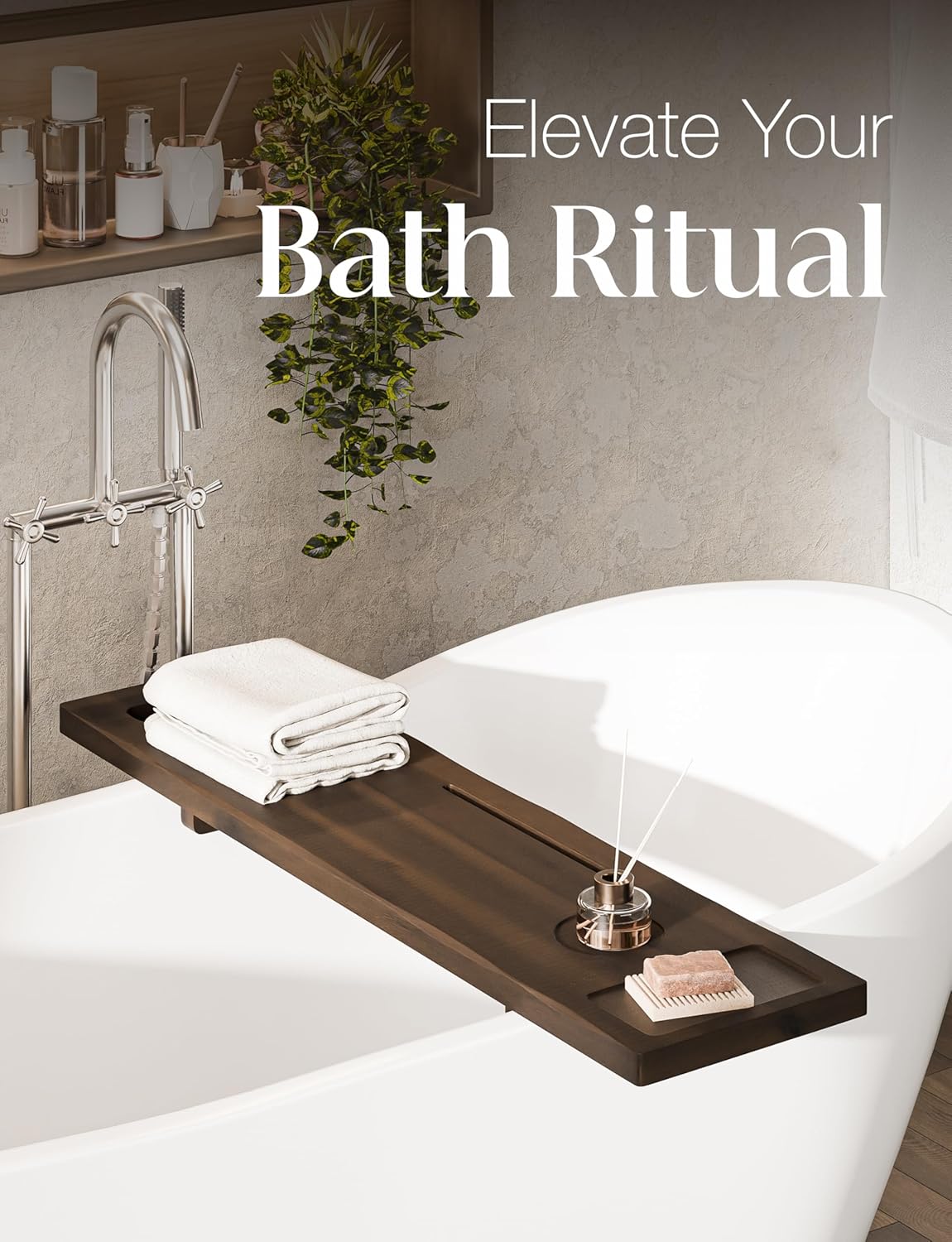 Tinamo Acacia Bathtub Tray Caddy with Adjustable Legs - Bath Tub Tray for Freestanding Tubs - 39x9.75 Inch Large Wooden Anti-Tipping Tub Tray for Bathtub with Accessories Holders (Walnut, 39x9.75)