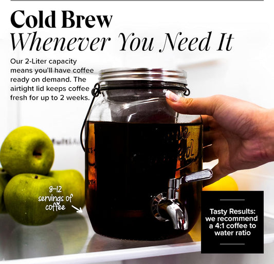 Willow & Everett Cold Brew Coffee & Iced-Tea Maker Pitcher, 2 L Glass Dispenser w/Metal Spigot & Mesh Filter Iced Coffee & Sun Tea Brewing System