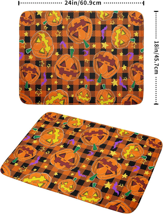 Giwawa Halloween Dish Drying Mat, 18"x24" Spooky Pumpkins Bats Orange Black Buffalo Plaids Dish Drainer Mats, Large Absorbent Fast Drying Dish Drying Pad for Kitchen Countertop Holiday Decor