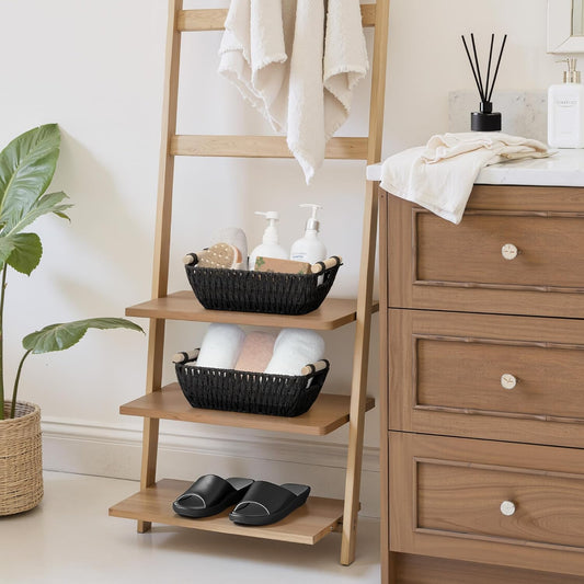 StorageWorks Black Wicker Storage Basket for Organizing with Wooden Handles, Small Woven Basket for Bathroom, Toilet Paper, 2-Pack