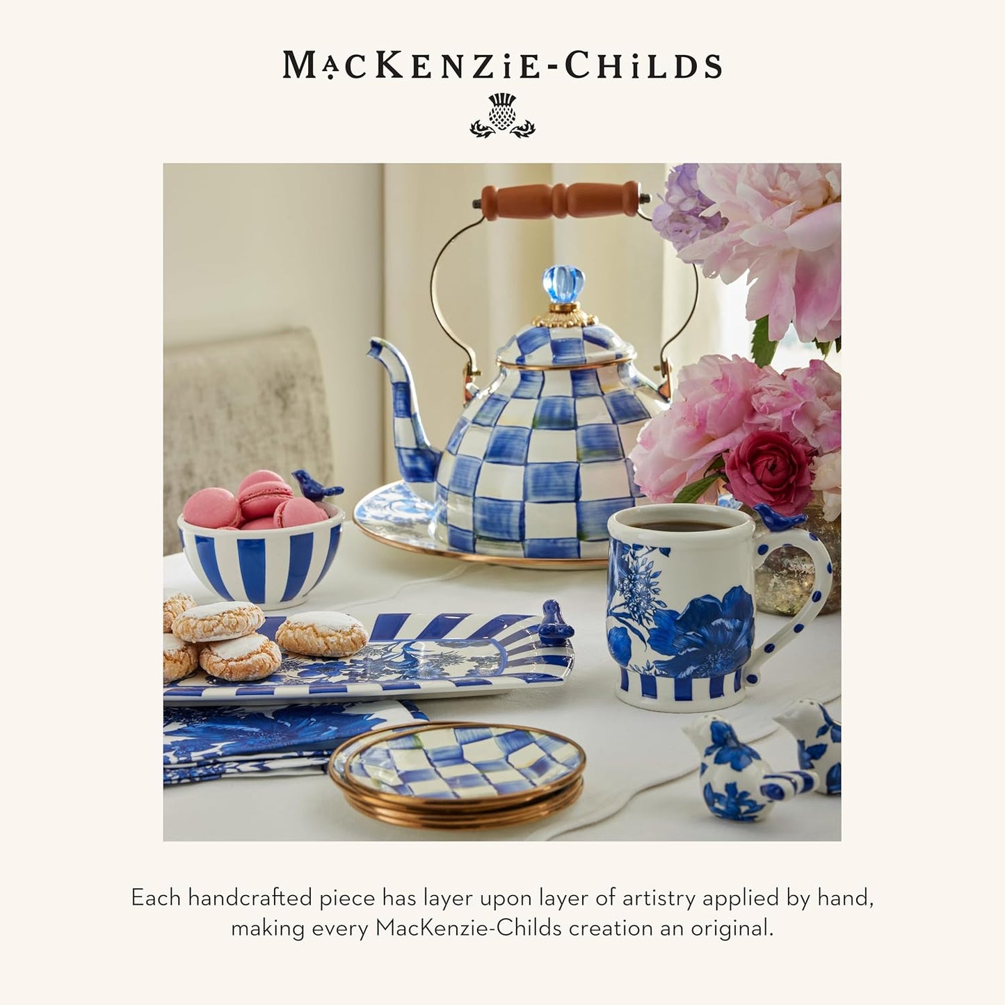 MACKENZIE-CHILDS Enamel Tea Kettle, Stylish Tea Kettle for Stovetop, Blue-and-White Royal Check, 2 Quarts