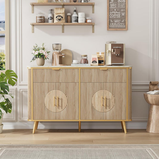 47.2" Buffet Storage Cabinet, Modern Fluted Coffee Bar Station with 2 Drawers & Adjustable Shelves, Kitchen Sideboard Buffet for Dining Room, Living Room, Hallway, Natural Oak