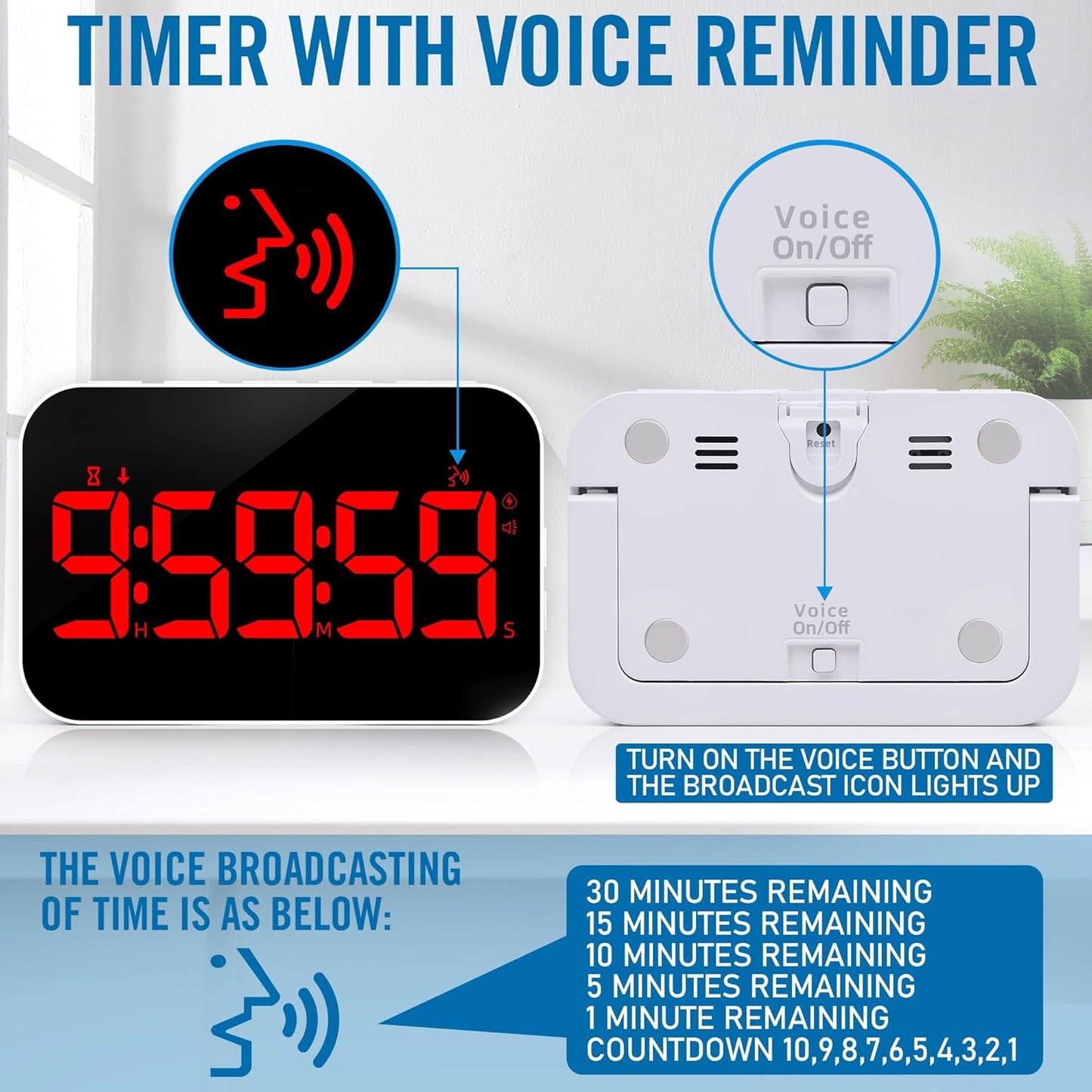 LED Timer (1.5" Number) with Voice Reminder, Digital Magnetic Timer, Countdown/Up, Rechargeabilit, Brightness Display, 3 Volume Levels and Vibration Mode, for Classroom, Study (red)