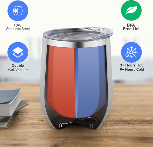 DOMICARE Stainless Steel Wine Tumbler Bulk with Lid, Personalized Insulated Tumblers Set, 12oz Travel Coffee Cups Pack of 8, ss steel