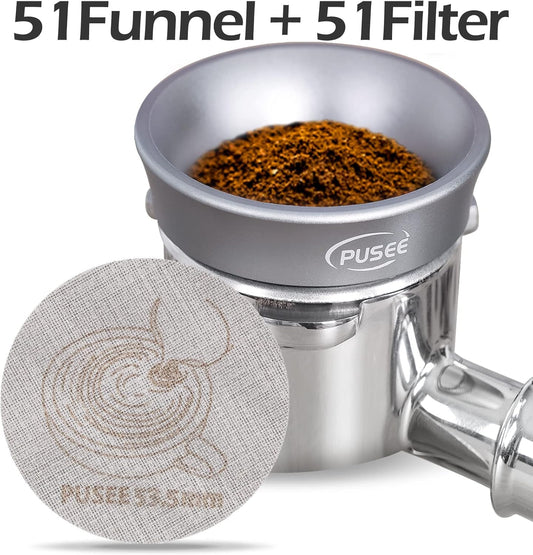 PUSEE Espresso Dosing Funnel & Puck Screen, Magnetic Coffee Dosing Ring Aluminum Metal, Reusable 1.7mm Thickness 150m Espresso Puck Screen 316 Stainless Steel Fits 51mm Portafilter