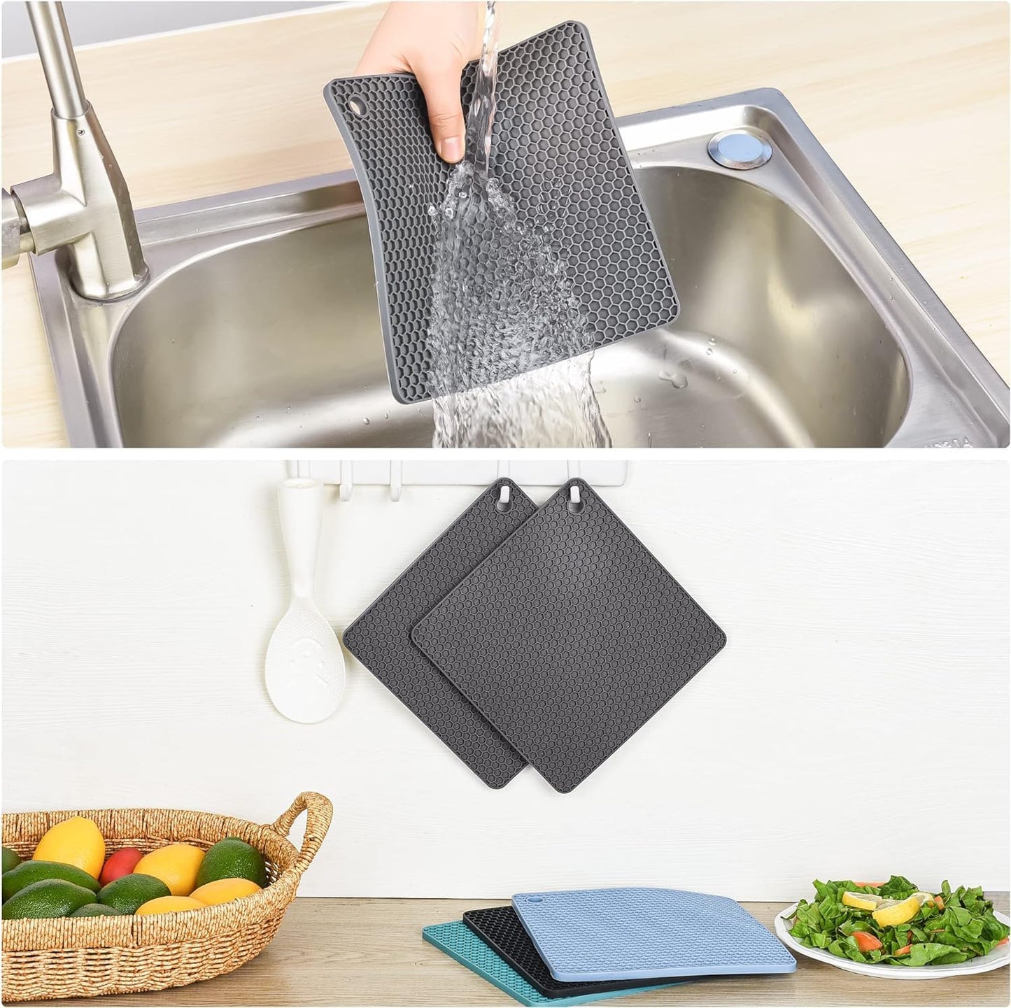 Silicone Trivets Mats, Silicone Hot Pads for Pot Holder, Square Trivets for Hot Dishes, Pots and Pans, Multi Purpose Hot Pads for Kitchen Counter, Non Slip Heat Resistant Mats Set 4 Navy