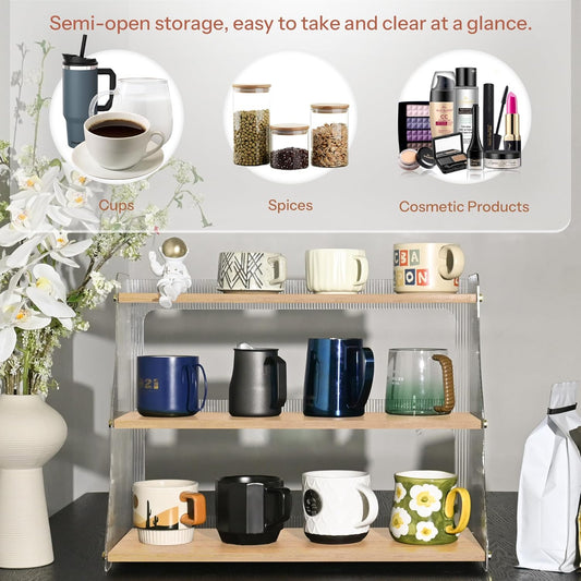 Coffee Mug Holder Wooden Cup Rack,3-Tier Acrylic Home Coffee Mug Display Rack for Kitchen Countertops, Coffee Bars, for Placing Mugs, Coffee Beans, Syrup, Cups, Stirrers 