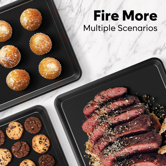 Baking Sheet Pan Set of 3, Thicker Carbon Steel Cookie Sheets for Baking Non Stick with Diamond Texture Pattern, Ceramic Half/Quarter/Jelly Roll Baking Trays for Oven