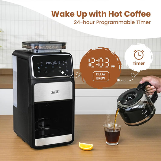 Gevi 10 Cup Drip Coffee Maker with Built-in Grinder, Grind & Brew Burr Combo Coffee Machine with Touch Screen, Programmable, 4-Hour Warm Plate, Permanent Filter, Coffee Carafe