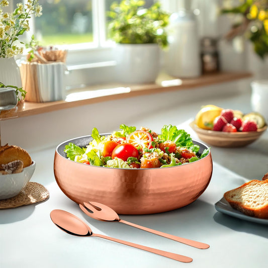 AvadorĀ® Set of 3 Premium Stainless Steel Salad Mixing Bowl Hammered Finish | Handmade | Includes Salad Serving Utensils (Rose Gold)