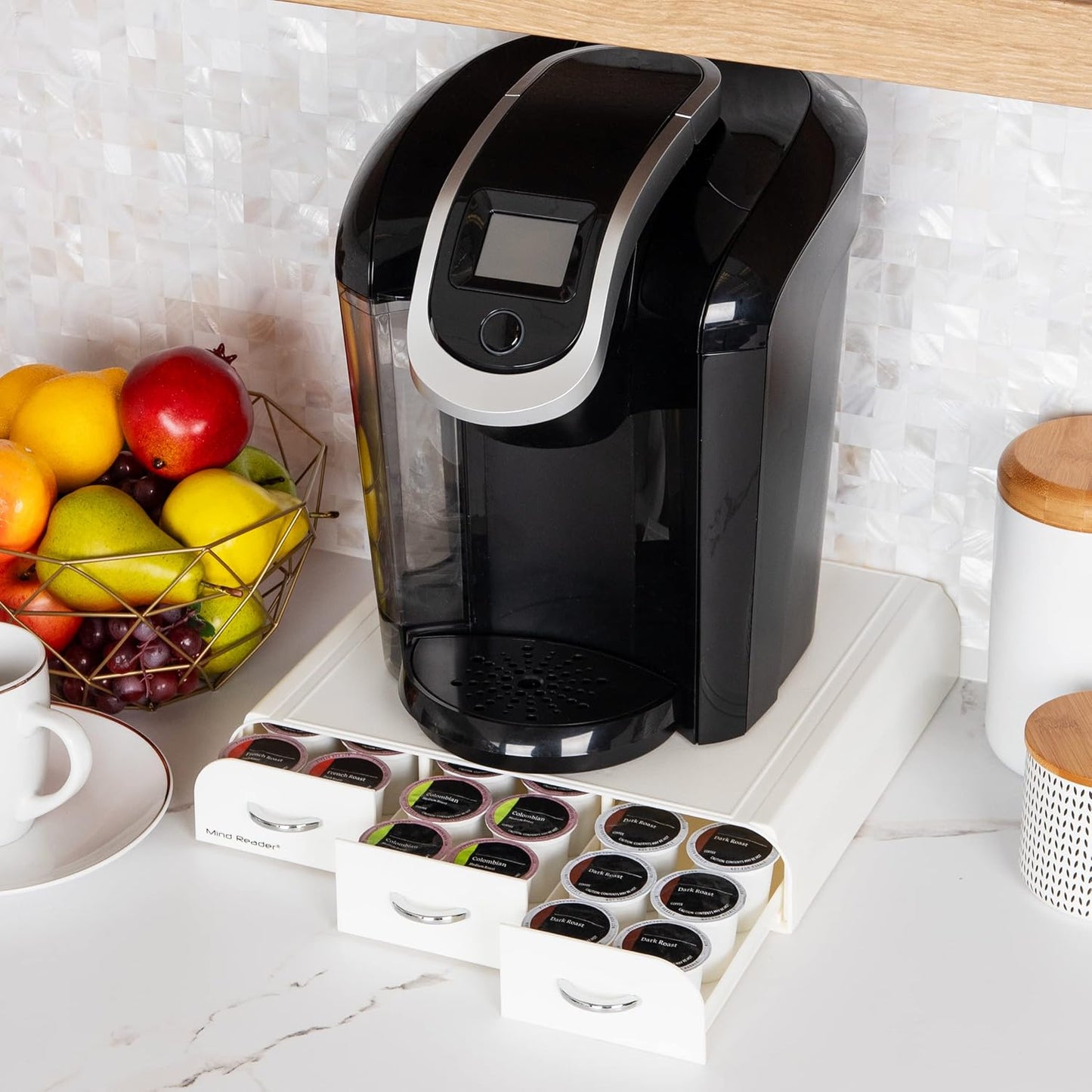 Mind Reader Single Serve Coffee Pod Organizer with 3 Drawers, 36 Pod Capacity, Countertop , 12.25"L x 13.5"W x 2.5"H, White
