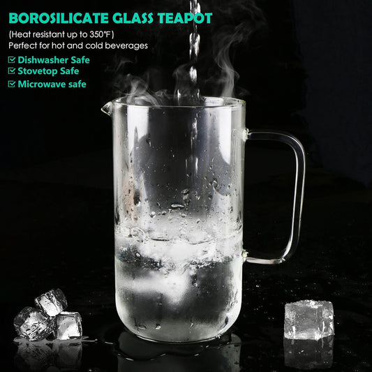 Aquach 51oz Glass Teapot with Stainless Steel Removable Infuser, Stovetop & Dishwasher Safe, Ideal for Loose & Blooming Tea Brewing