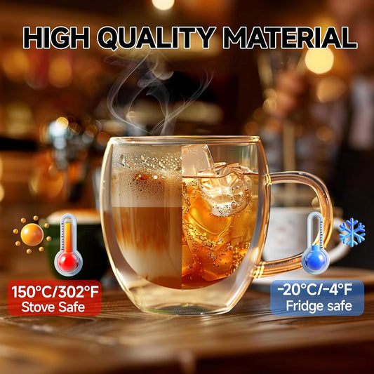 Set of 4 Double Walled Glass Coffee Mugs 6 Ounces Insulated Layer Coffee Cups with Handle Borosilicate Glass Espresso Cup for Hot Beverage,Cappuccino,Tea,Latte,Wine,Microwave Safe