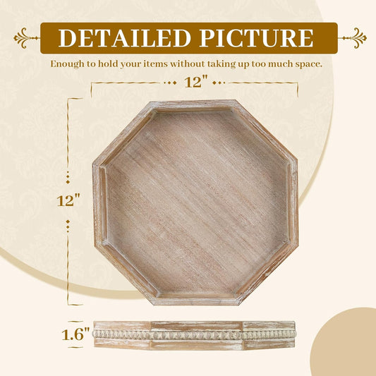 MAONAME Wood Serving Tray,Farmhouse Wooden Tray with Beads, Washed White Octagonal Serving Tray,Coffee Table Tray for Living Room, Kitchen, 12" X 12" X 1.6"