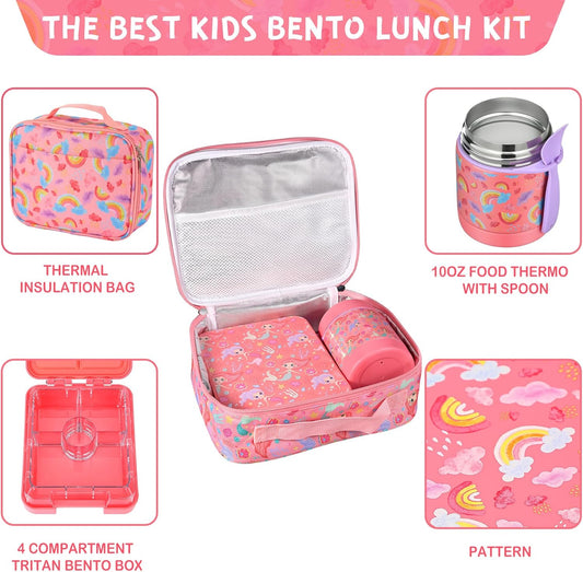 Bento Lunch Box Set With 10oz Soup Thermo, Leak-proof Lunch Containers with 4 Compartment, Kids Hot Thermo Food Jar/Insulation Lunch Bag, Food Containers for School(Rainbow)