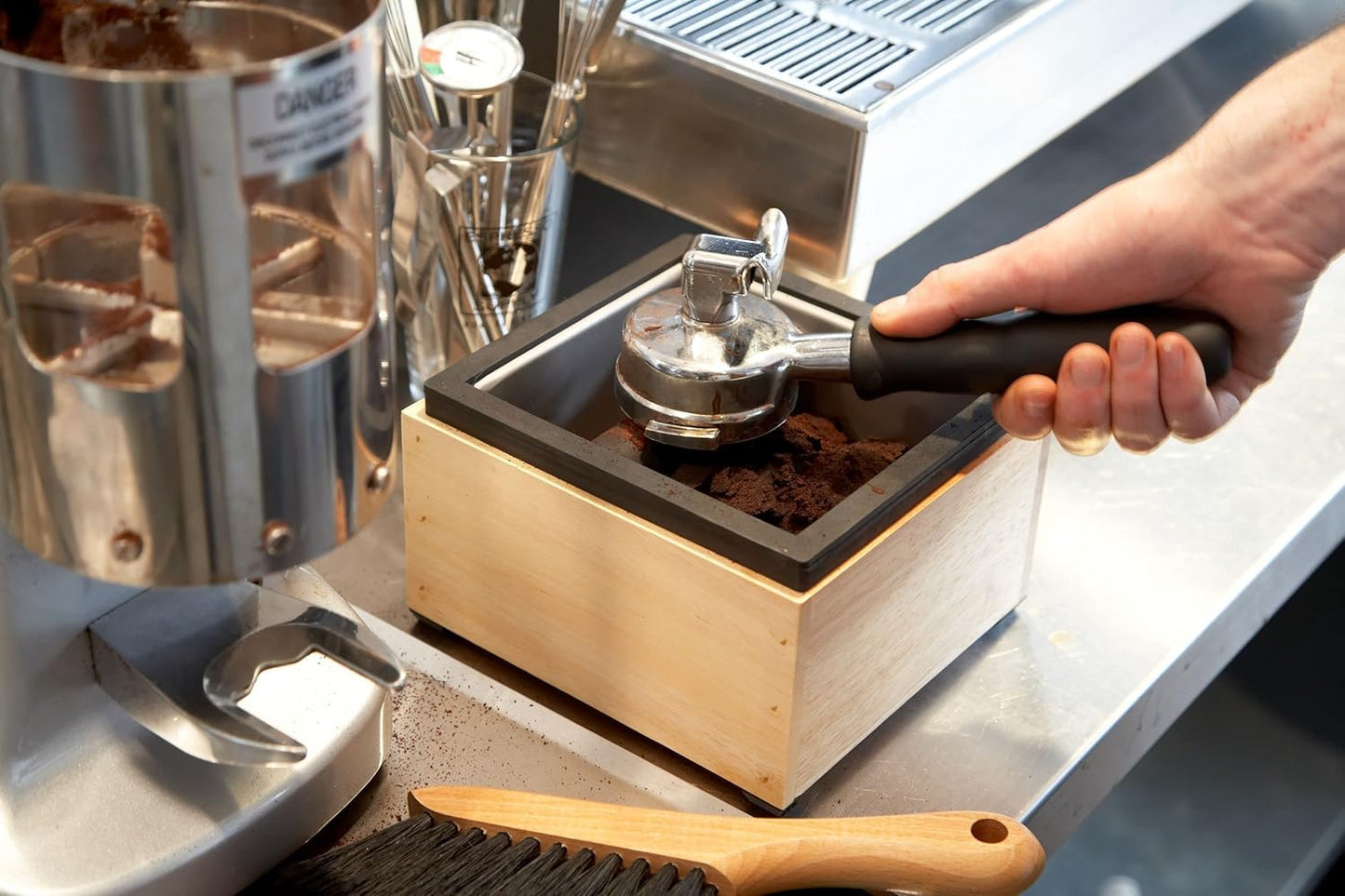 Rattleware Stainless Steel Knock Box with Maple Holder โ Heavy-Duty Espresso Knock Bin, Perfect Coffee Bar Accessories, Durable Barista Accessory, Easy to Clean Grounds Container